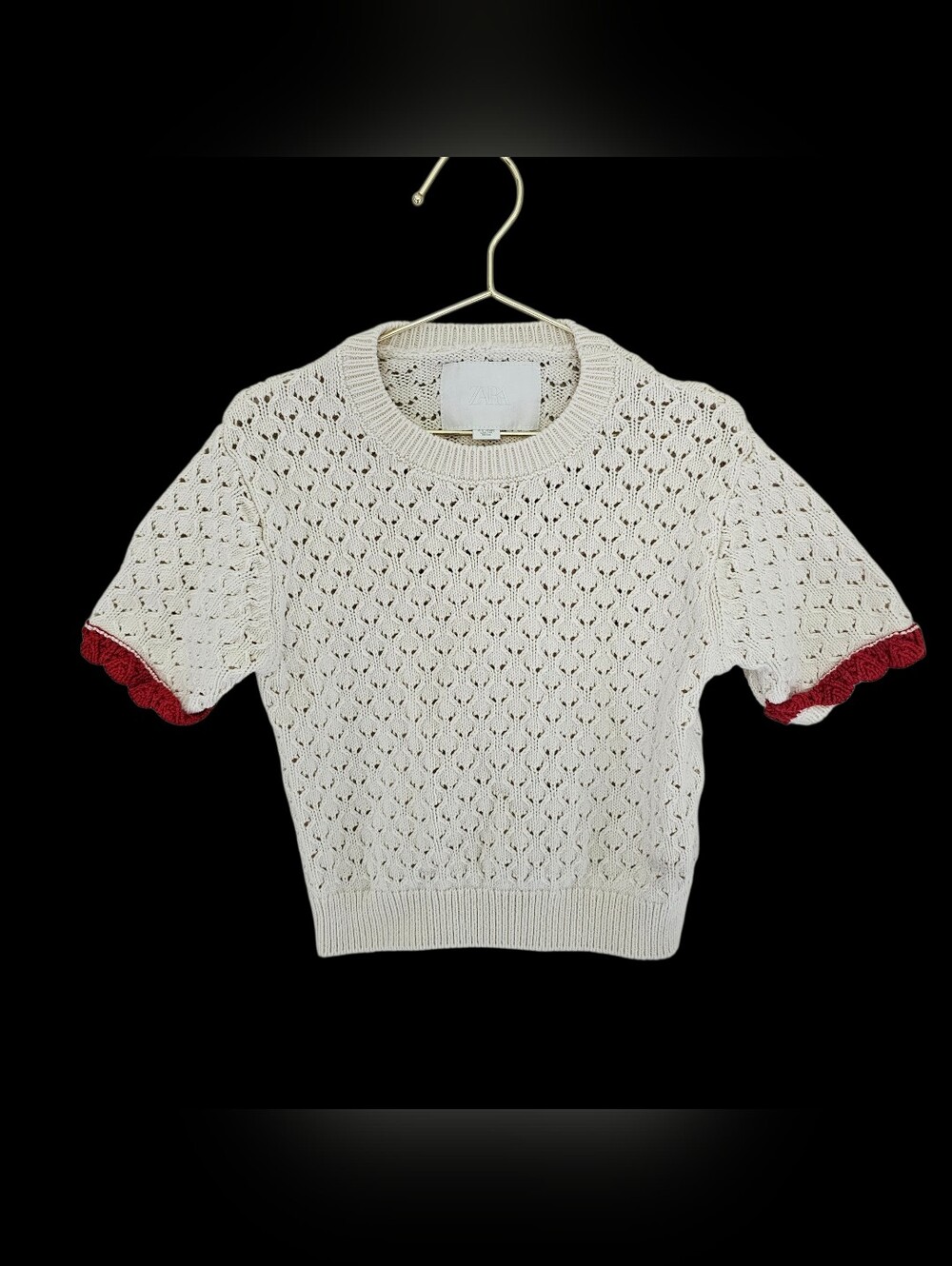Zara Girls Crochet Knitted Cream Red Sweater Top Fourth 4th of July Americana